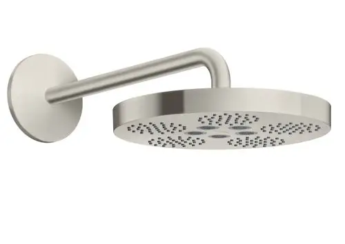 Edelstahlduschkopf von AXOR mit rundem Design und mehreren Düsen, montiert an einem schlichten Wandarm, der eine moderne Badezimmeroptik unterstützt.